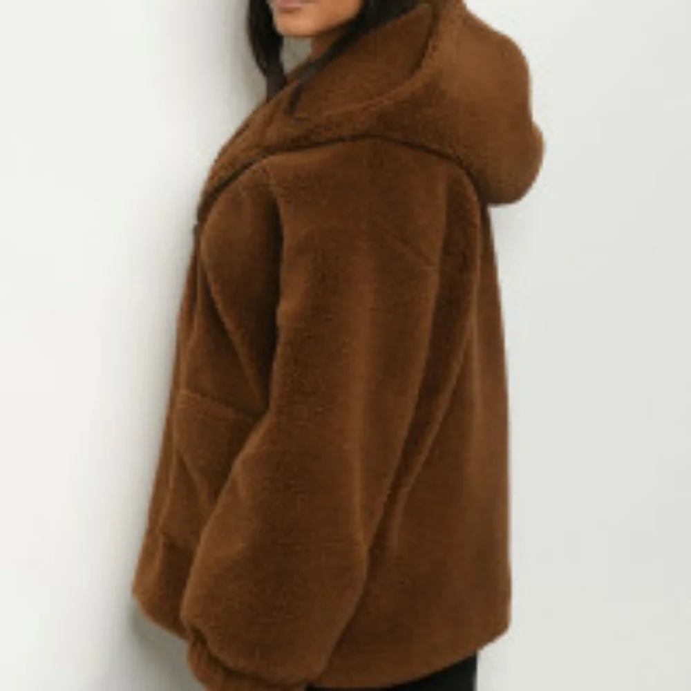 Teddy bear Sherpa hooded jacket coat in brown - Picture 4 of 8